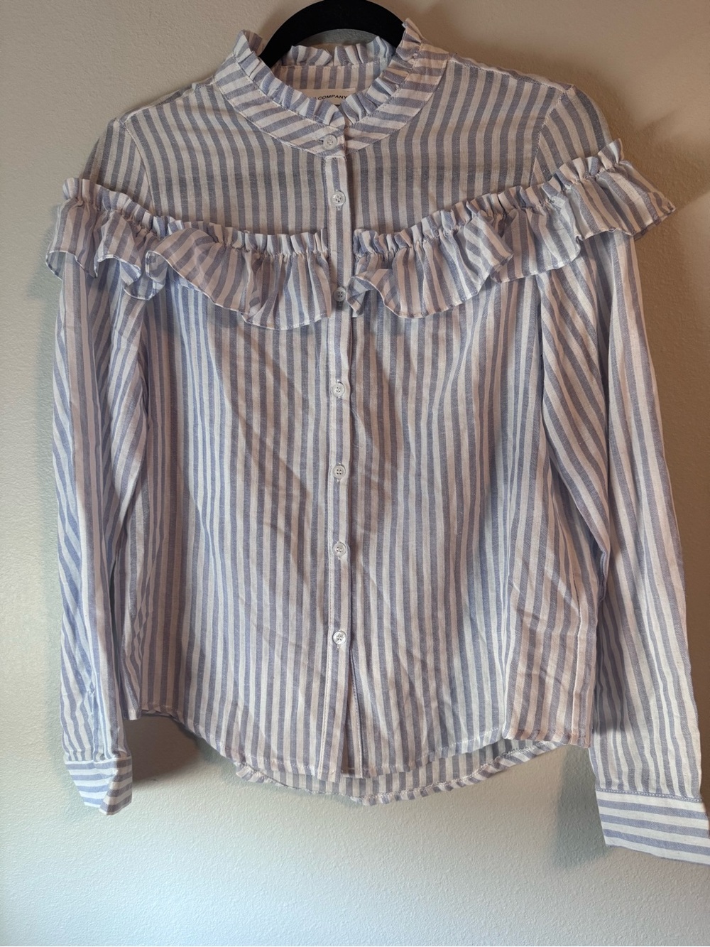 Striped Ruffle Yoke Button-Up Blouse - Blue & White Cotton